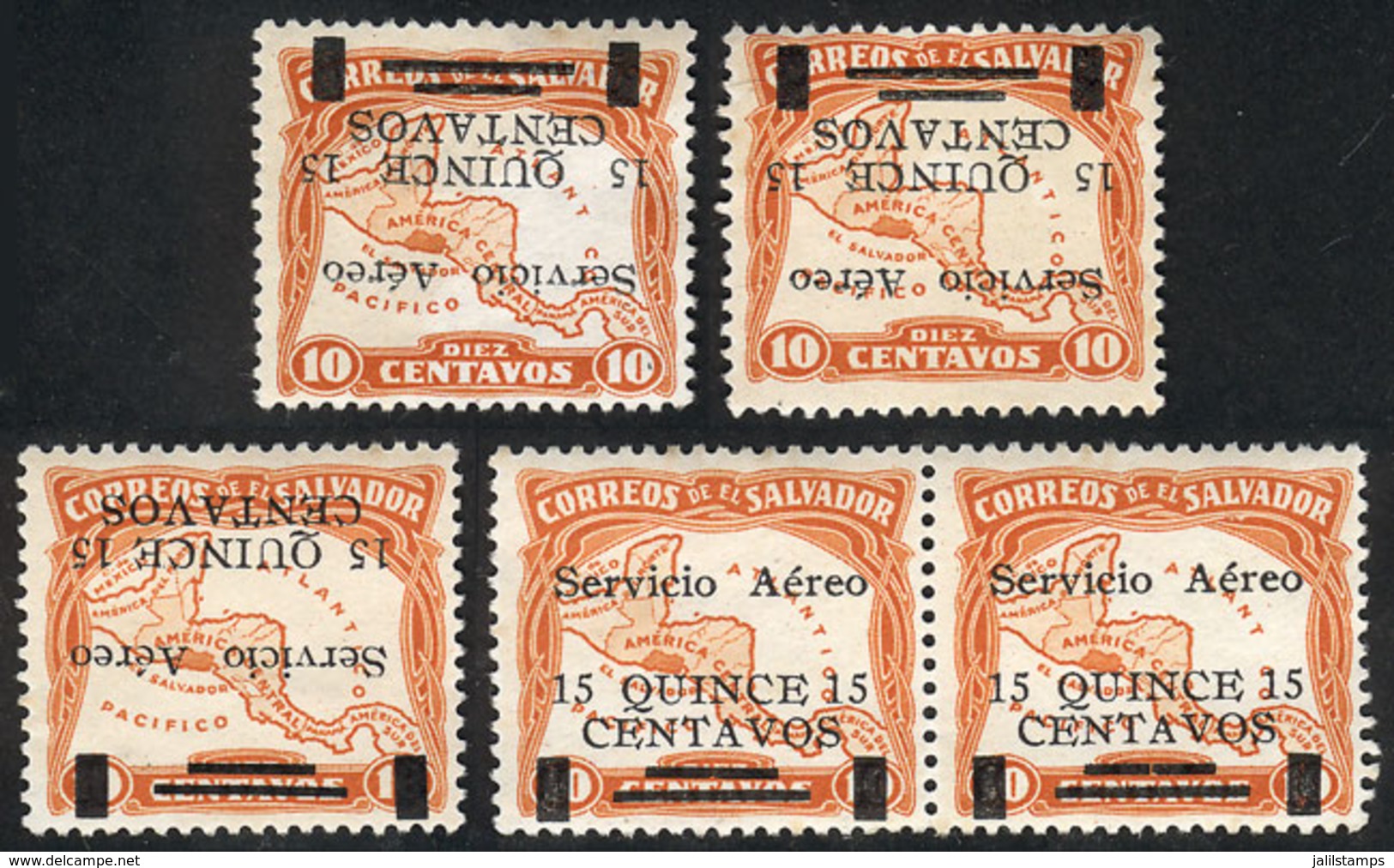 EL SALVADOR: Sc.C3 + C3a, 1929 15c. On 10c. Orange, Lot Of VARIETIES: Pair, One With "ATLANT CO" Variety, Inverted Overp - El Salvador