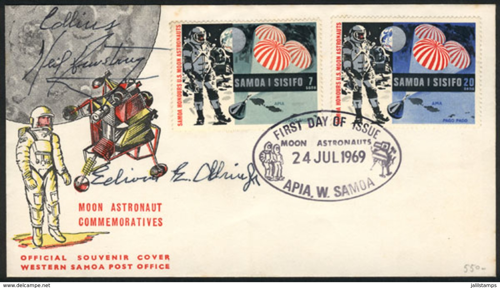 SAMOA: FDC Cover With Stamps Issued On 24/JUL/1969 Commemorating First Moonlanding, WITH AUTOGRAPHS Of The 3 Astronauts: - Samoa