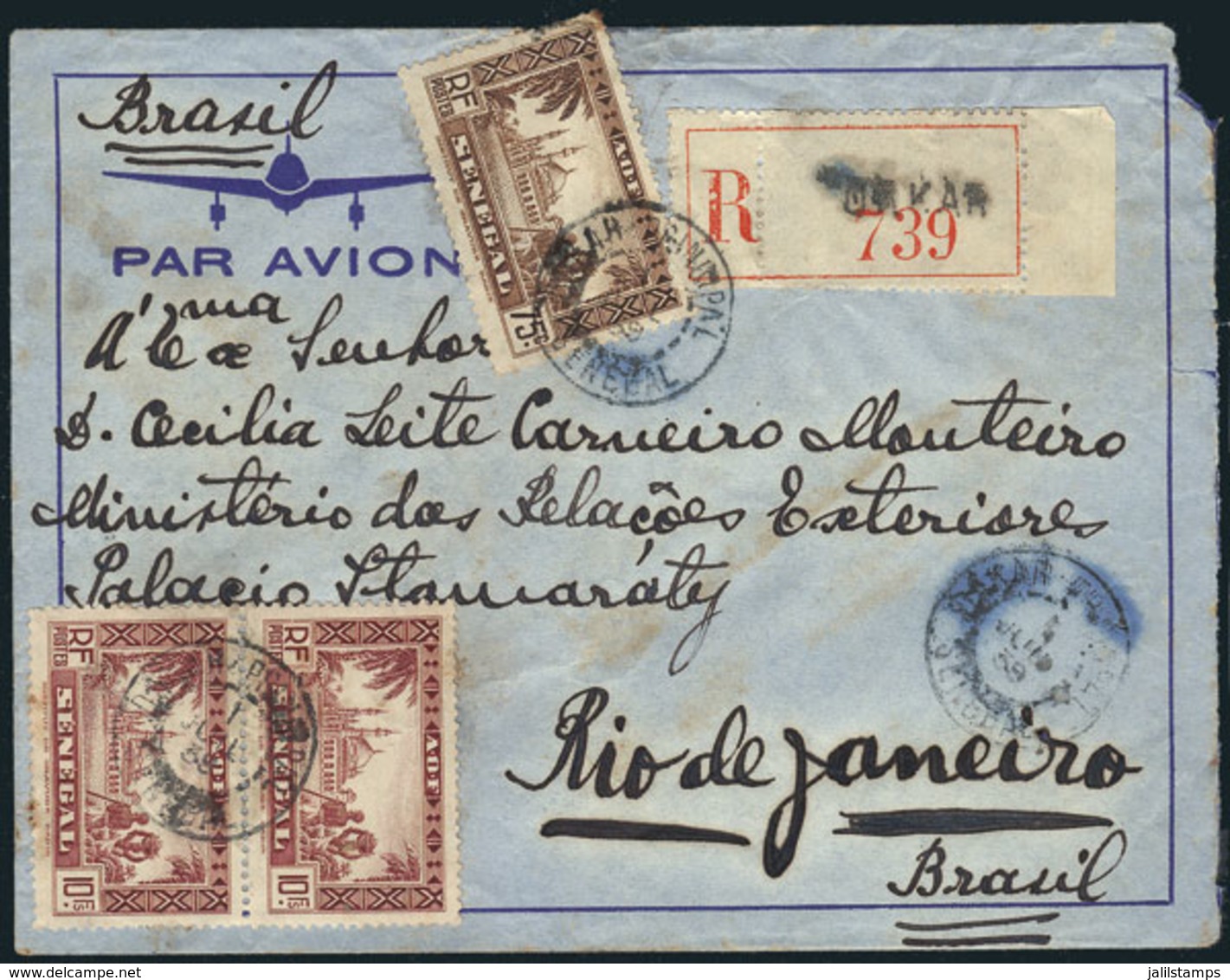 SENEGAL: Registered Airmail Cover Franked With 20.75Fr. (Sc.170 Pair + Another Value), Sent From Dakar To Rio De Janeiro - Covers & Documents