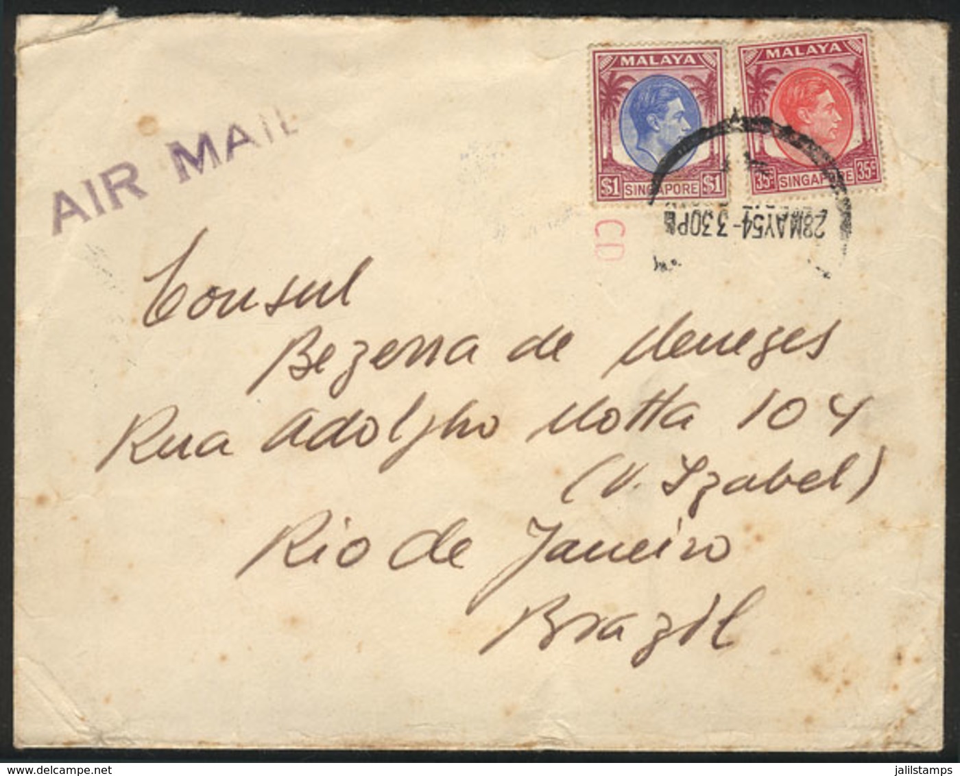 SINGAPORE: Airmail Cover Sent To Rio De Janeiro On 28/MAY/1954 Franked With $1.35, Unusual Destination! - Singapur (...-1959)