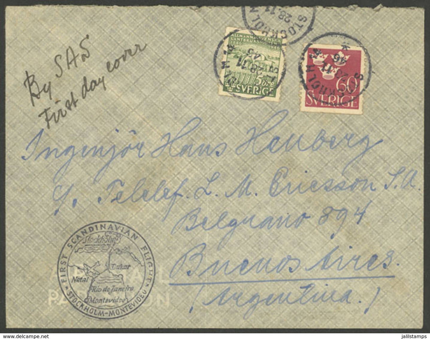 SWEDEN: 28/NO/1946 First Flight Stockholm - Montevideo: Cover To Buenos Aires, With Special Handstamp Of The Flight, Wit - Otros & Sin Clasificación