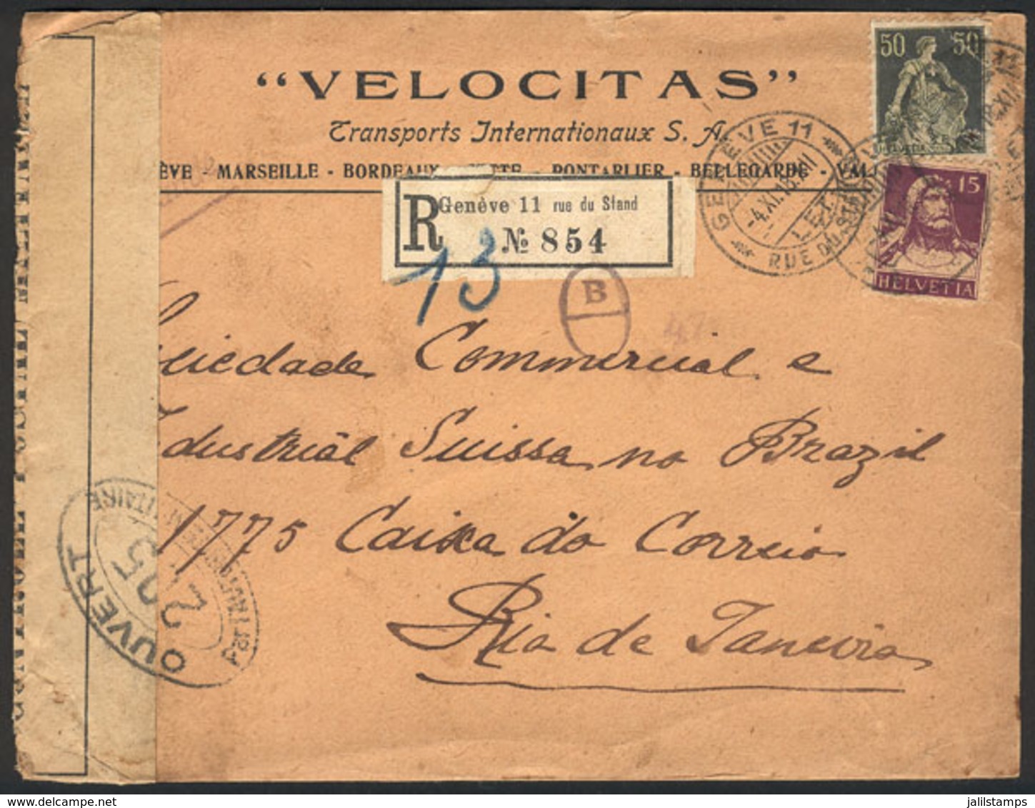 SWITZERLAND: Registered Cover Sent From Geneve To Rio De Janeiro On 4/NO/1918, Very Nice! - Other & Unclassified