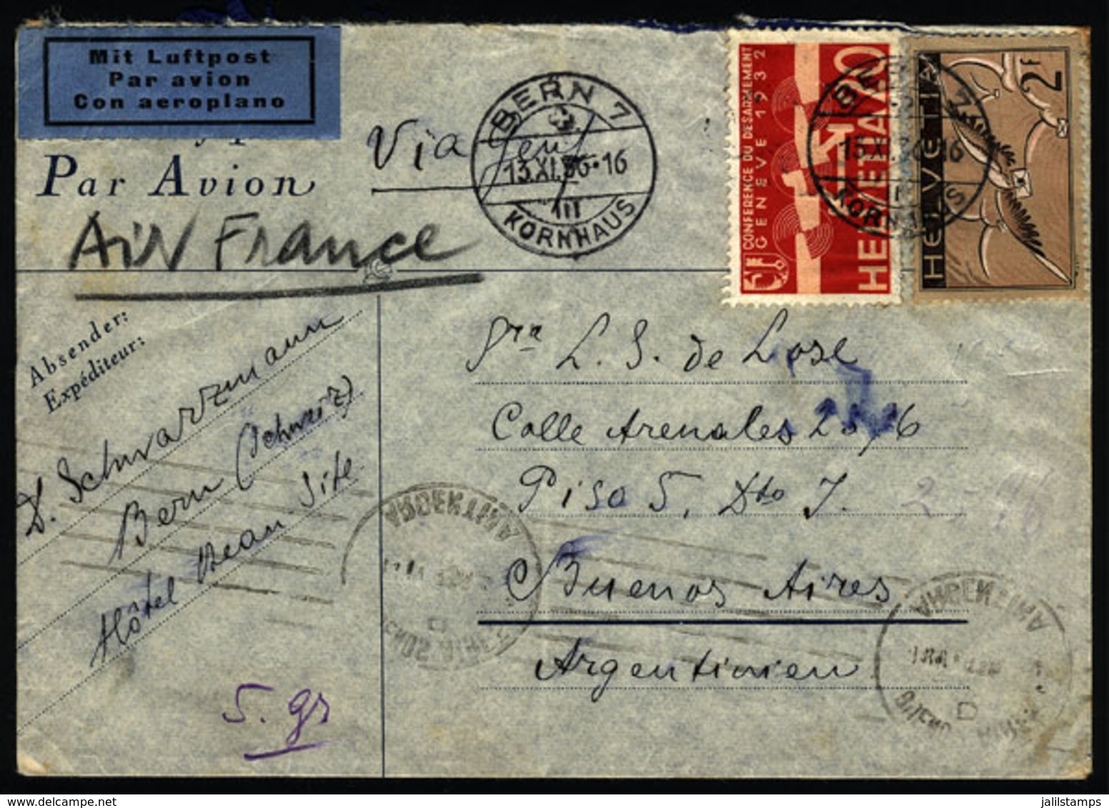 SWITZERLAND: Airmail Cover Sent From Bern To Argentina On 13/NO/1936 Franked With 2.20Fr., Very Nice! - Other & Unclassified