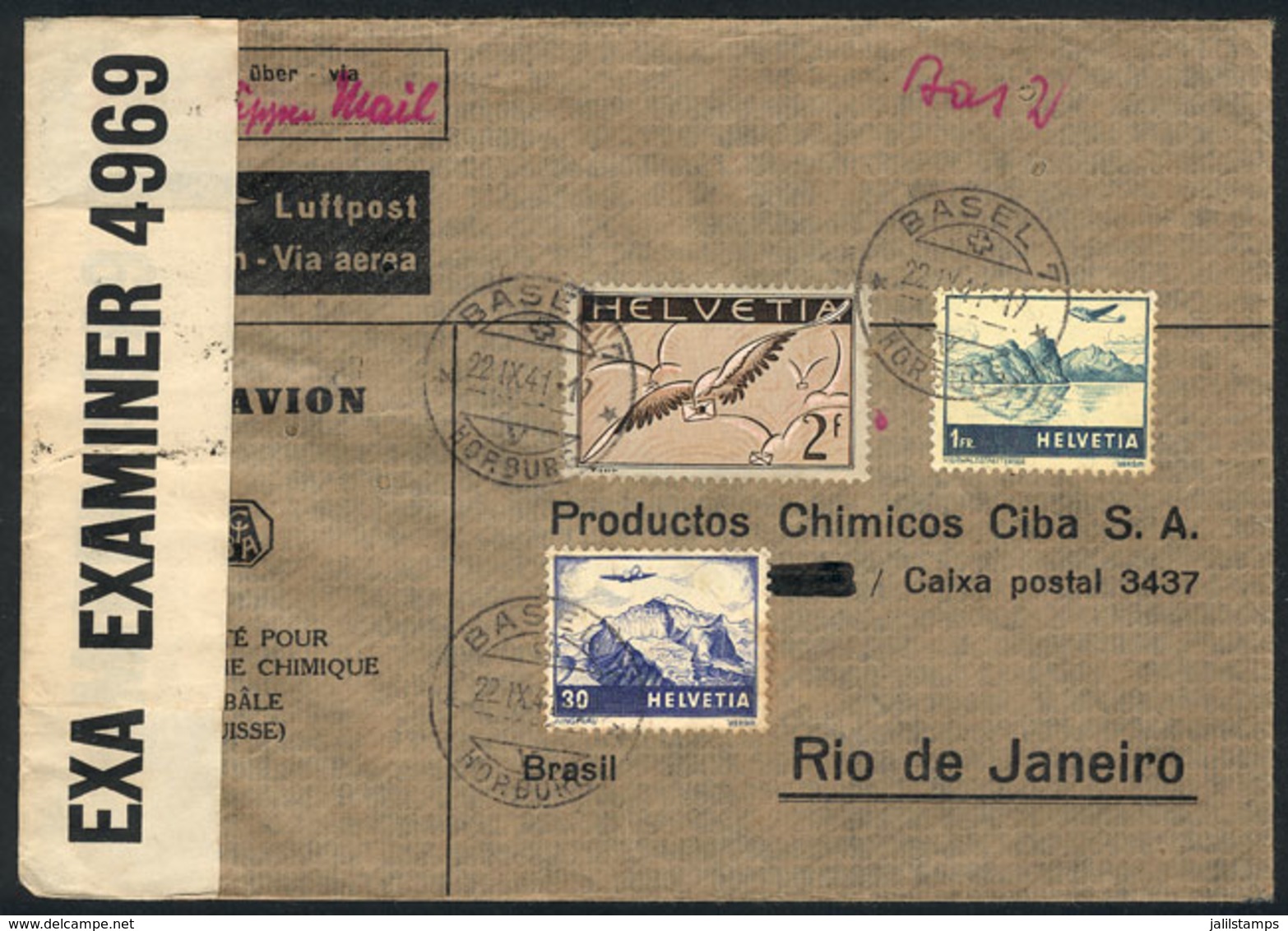 SWITZERLAND: Airmail Cover Sent From Basel To Rio De Janeiro On 22/SE/1941 Franked With 3.30Fr., Censored, VF Quality! - Sonstige & Ohne Zuordnung