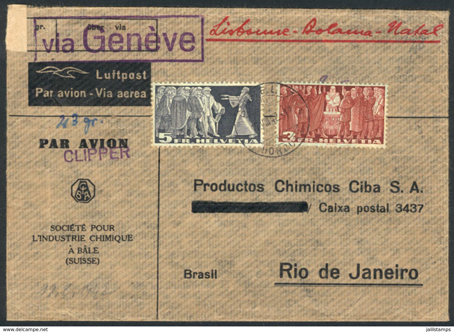 SWITZERLAND: Airmail Cover Sent From Basel To Rio De Janeiro On 19/AU/1942 Franked With 8Fr., Censored, VF Quality! - Other & Unclassified