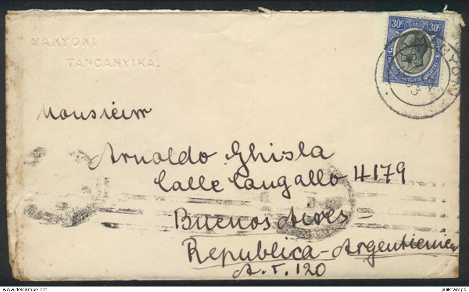 TANGANYIKA: Cover Franked With 30c. And Sent From MANYONI To Argentina On 24/JA/1933, Very Rare Destination, VF Quality! - Otros & Sin Clasificación