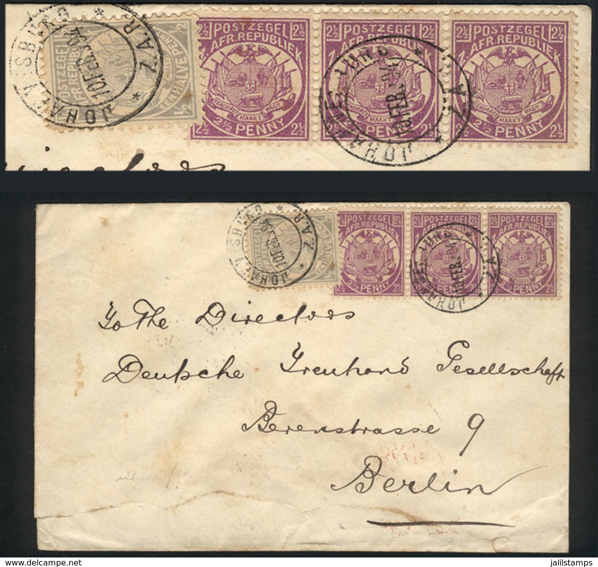 TRANSVAAL: Cover Sent From Johannesburg To Berlin On 10/FE/1894 Franked With 8p. (Scott 123 + 127 Strip Of 3), With Lond - Transvaal (1870-1909)