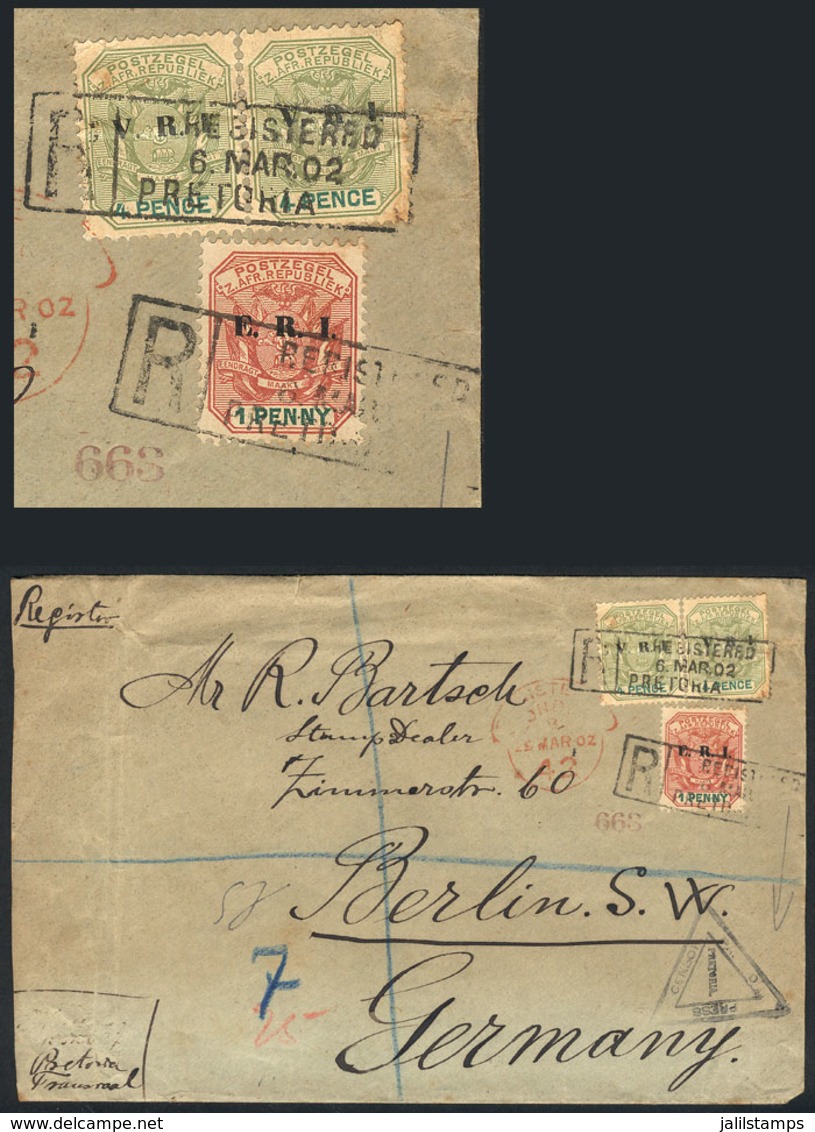 TRANSVAAL: Registered Cover Sent From Pretoria To Berlin On 6/MAR/1902 Franked With 9p. (Sc.207 Pair + 248), Censored, W - Transvaal (1870-1909)