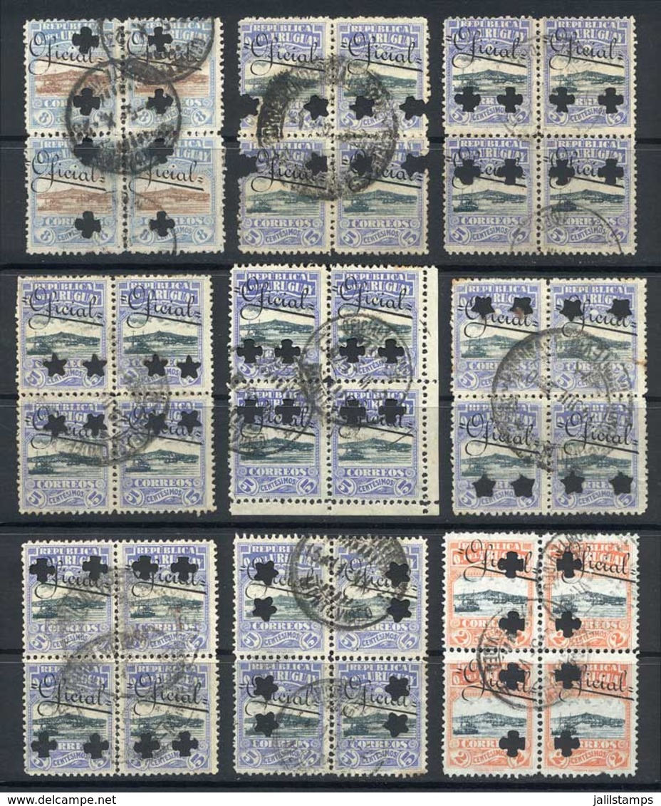 URUGUAY: Issue Of 1919, 2c. To 50c., Lot With A Large Number Of Used Stamps With Different Types Of Punch Holes, Includi - Uruguay