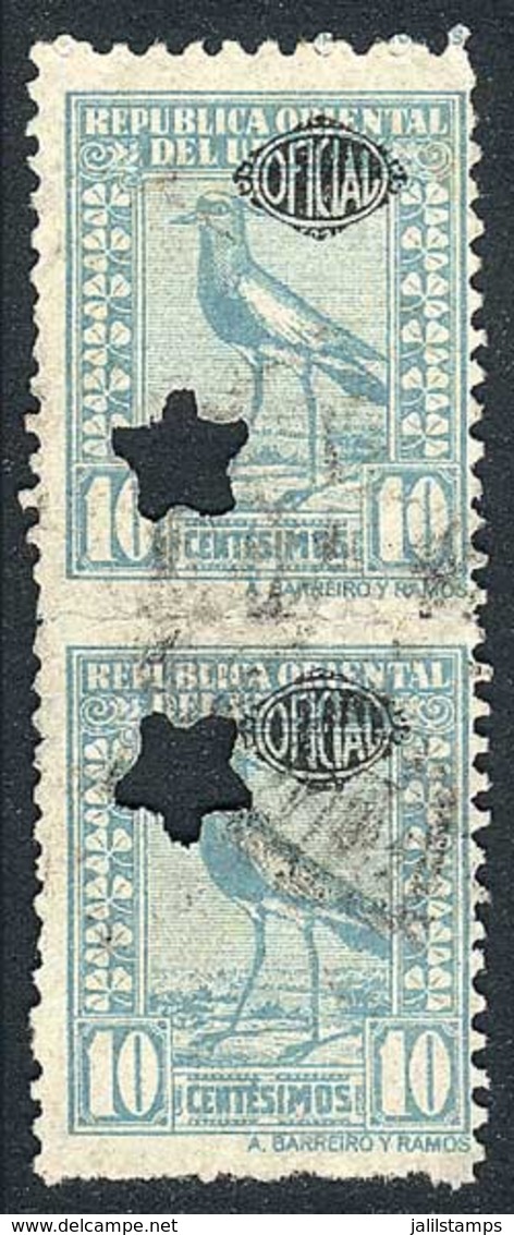 URUGUAY: 1928, Southern Lapwing 10c. Turquoise, Used Pair With IMPERFORATE HORIZONTALLY Variety, VF! - Uruguay