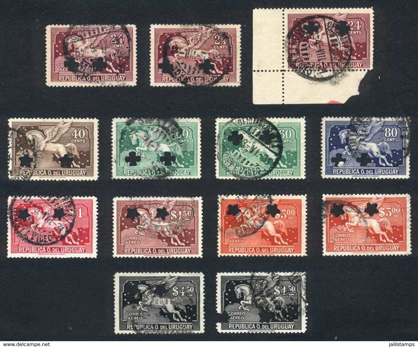 URUGUAY: Lot Of Air Mail Stamps (Pegasus), Used And With One Or Two Star- Or Clover-shapped Punch Holes: 24c. X3, 40c.,  - Uruguay