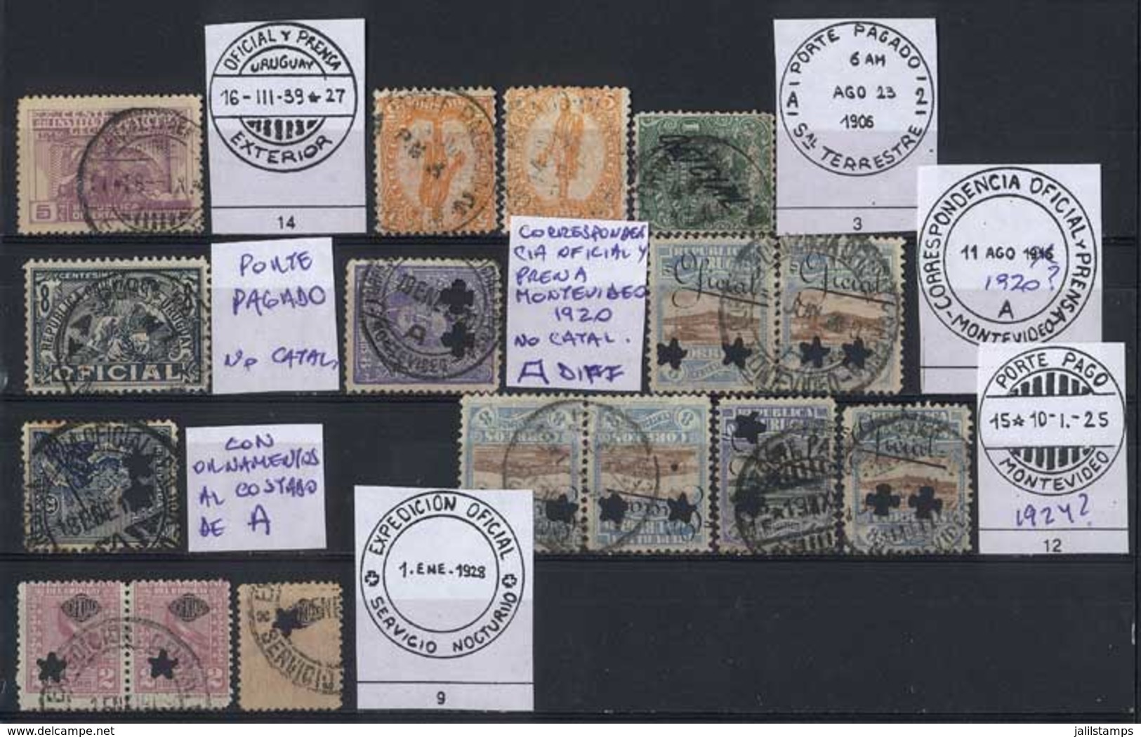 URUGUAY: POSTMARKS: Stockcard With 16 Stamps With Interesting Cancels, VF Quality, Interesting! - Uruguay