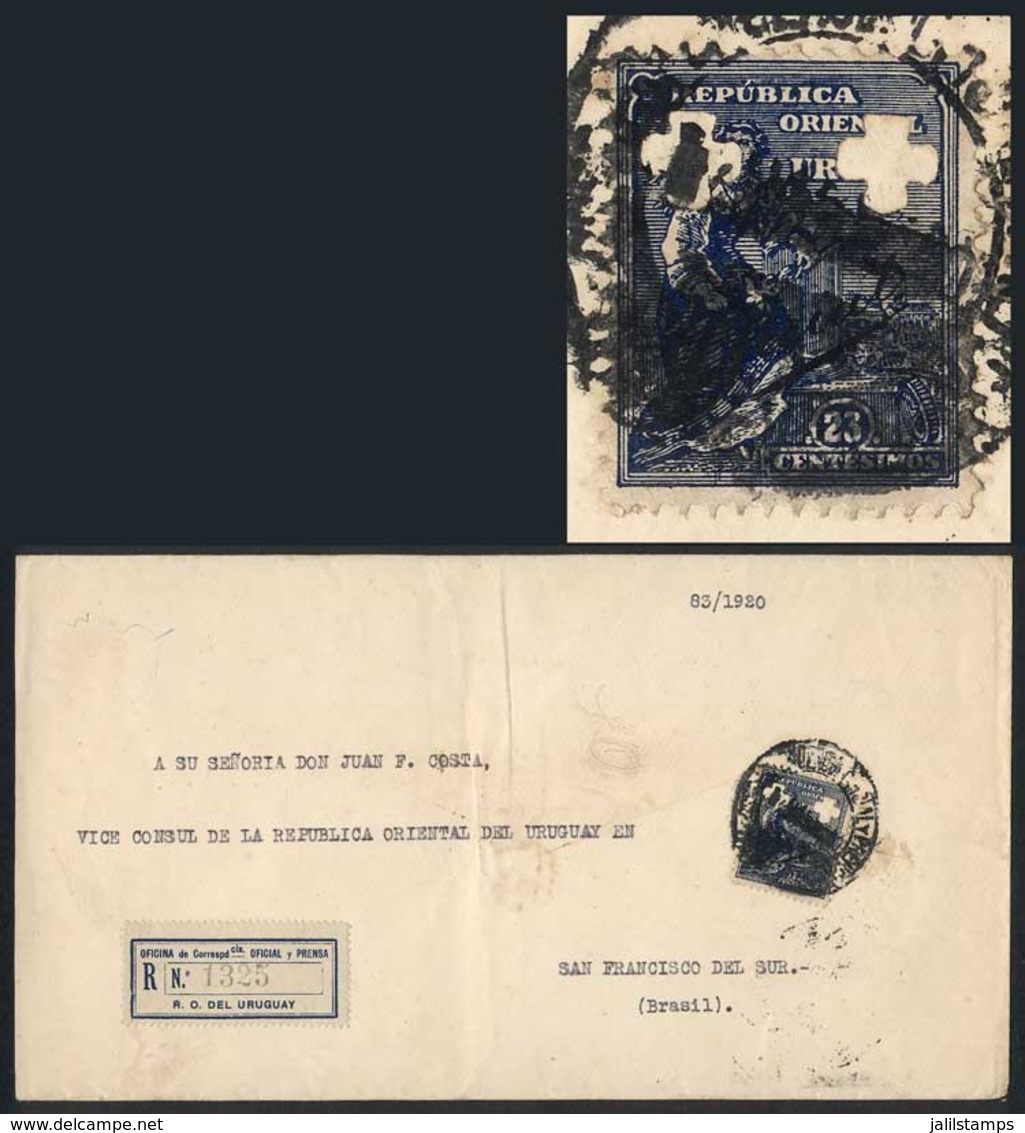URUGUAY: Registered Cover Sent To Brazil On 12/MAR/1920, Franked By Sc.O122 With Two Clover Punch Holes, Excellent Quali - Uruguay