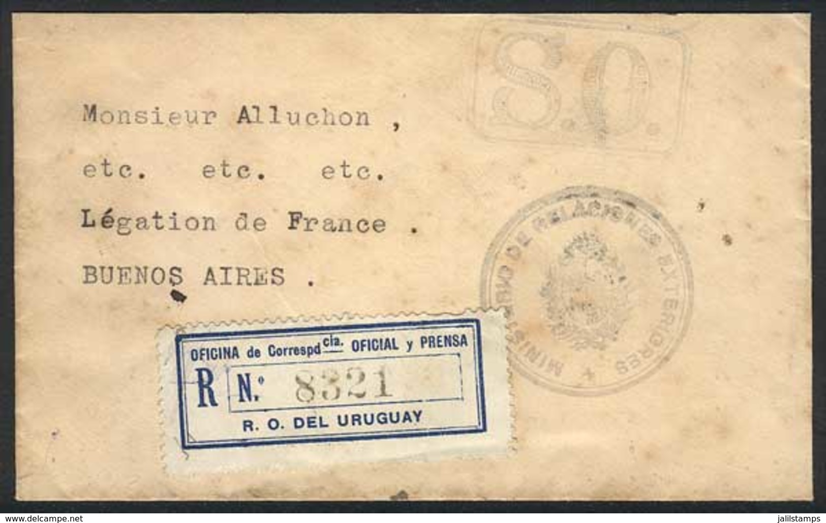 URUGUAY: Registered Cover Sent From The Ministry Of Foreign Affairs To Argentina On 26/NO/1920, With Large "S.O." Handst - Uruguay