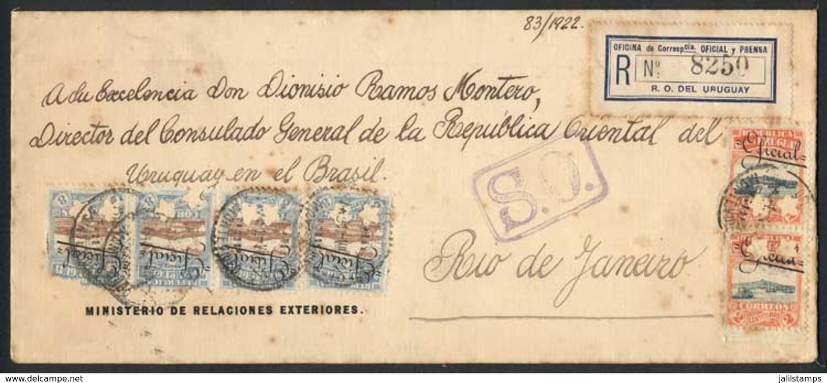 URUGUAY: Registered Official Cover Sent To Rio De Janeiro On 31/AU/1922, Franked By Sc.O125 X2 + O127 X4 All With Two St - Uruguay