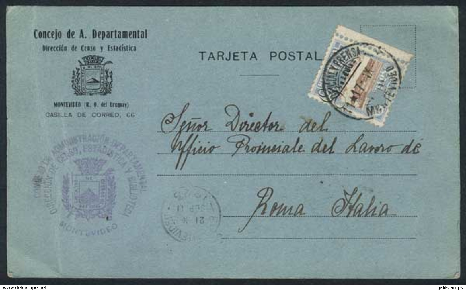 URUGUAY: Card Of The Office Of Census And Statistics Sent To Italy On 17/SE/1923, Franked By Sc.O127 With Two Clover-sha - Uruguay