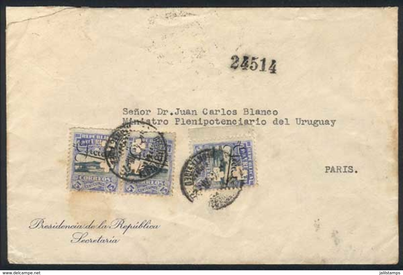 URUGUAY: Cover Of The Presidency Of The Republich Sent To Paris On 24/DE/1923, Franked By Sc.O126 X3 With Two Clover Pun - Uruguay