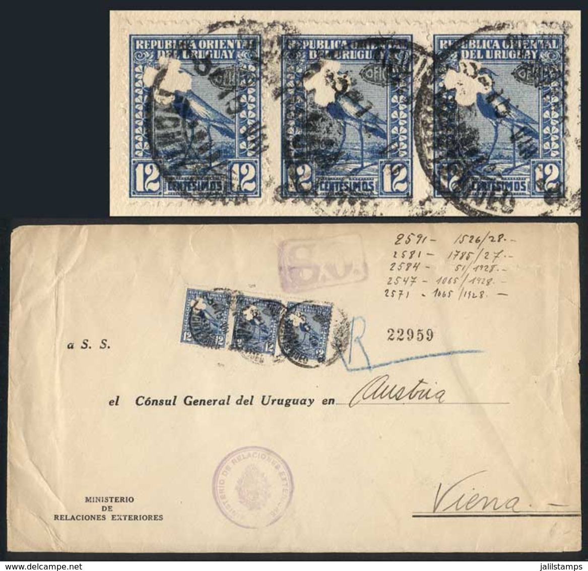 URUGUAY: Cover Sent To Austria On 15/AU/1928, Franked By Strip Of 3 Sc.O134 With Clover Punch Hole, VF Quality, Rare! - Uruguay