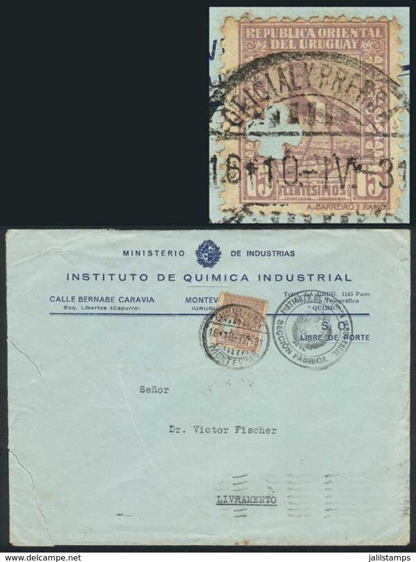 URUGUAY: Cover Of The Industrial Chemistry Institute Sent To Brazil On 10/AP/1931, Franked By A Regular Mail Stamp Sc.29 - Uruguay