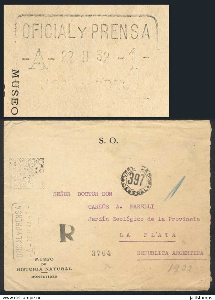 URUGUAY: Cover Sent To Argentina On 22/FE/1932, With Meter Postage Of 12c. Applied By The FIRST POSTAGE METER For Offici - Uruguay