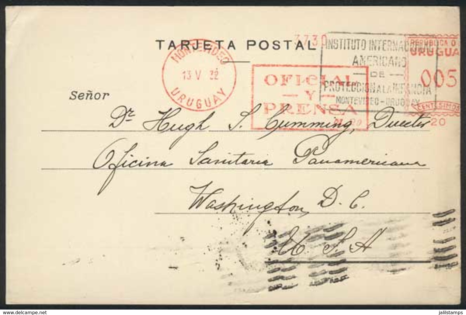 URUGUAY: Card Of The "Intl. American Institute For The Protection Of Children" Sent To USA On 13/MAY/1932 With Meter Pos - Uruguay