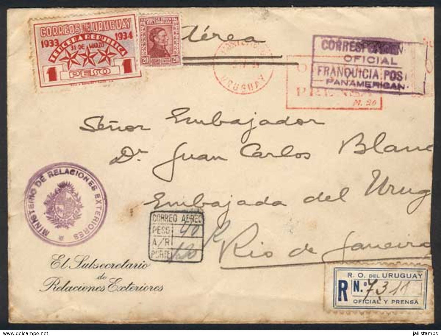 URUGUAY: Registered Airmail Cover Of The Ministry Of Foreign Affairs Sent To Brazil On 5/AP/1934, Franked $1.20 With Unc - Uruguay