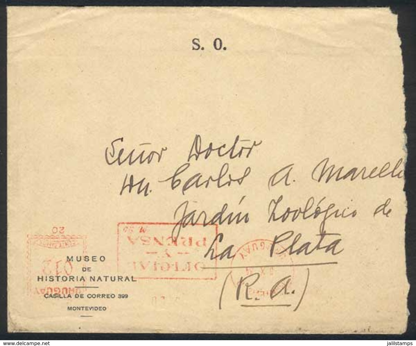 URUGUAY: Cover Of The Museum Of Natural History Sent To Argentina On 6/JA/1934, Meter Postage Of 12c. With Inscription " - Uruguay