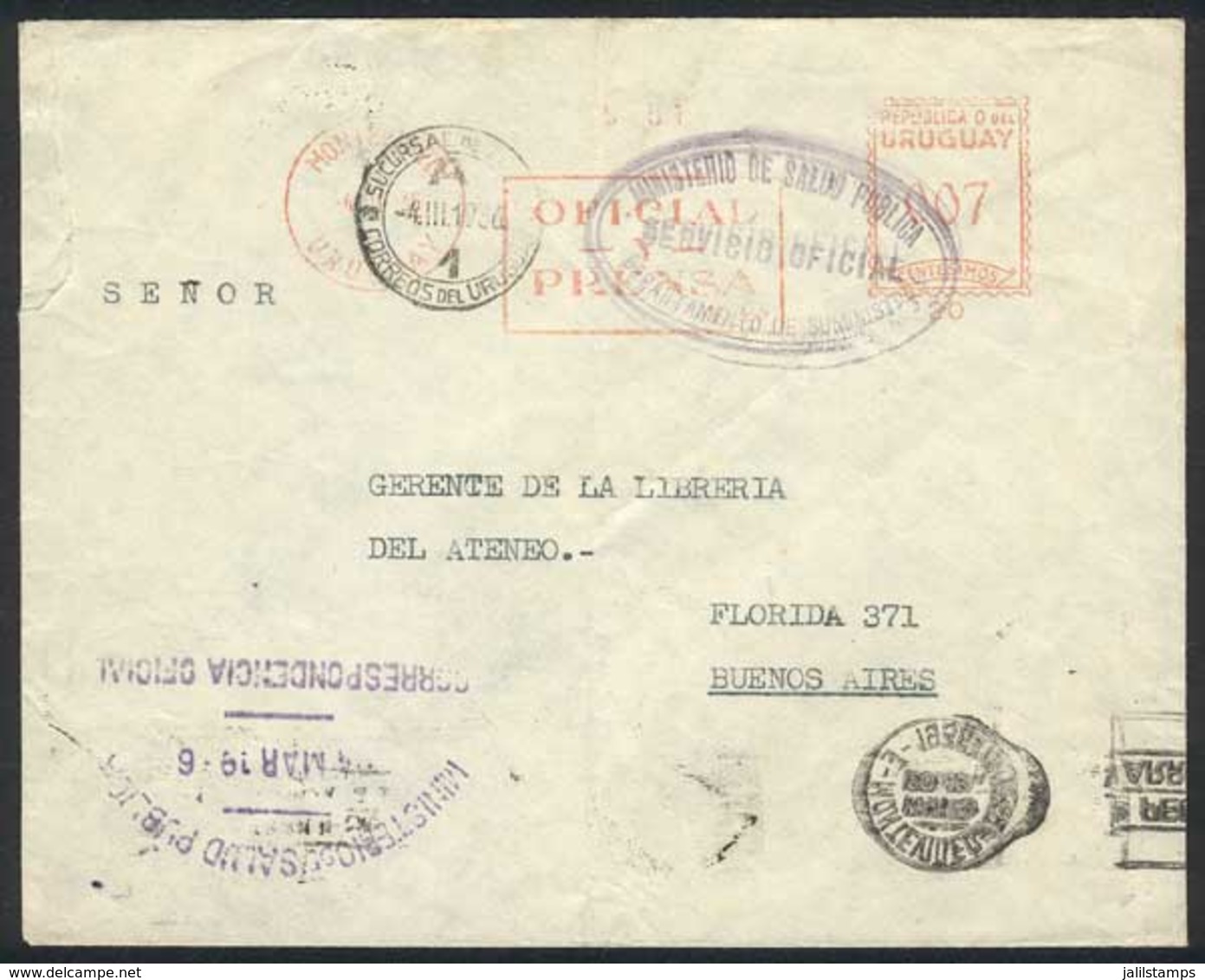 URUGUAY: Cover Of The Ministry Of Public Health Sent To Argentina On 4/MAR/1936, Meter Postage Of 7c. With Inscription " - Uruguay