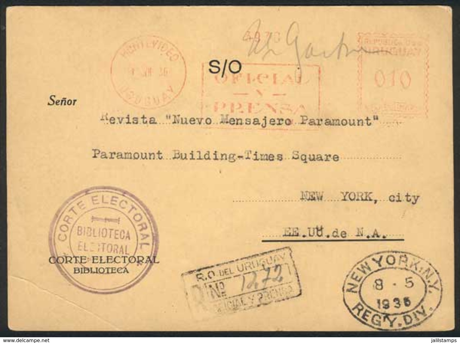 URUGUAY: Card Of The Library "Corte Electoral" Sent Registered To USA On 1/JUL/1936, With Meter Postage Of 10c. Along "O - Uruguay