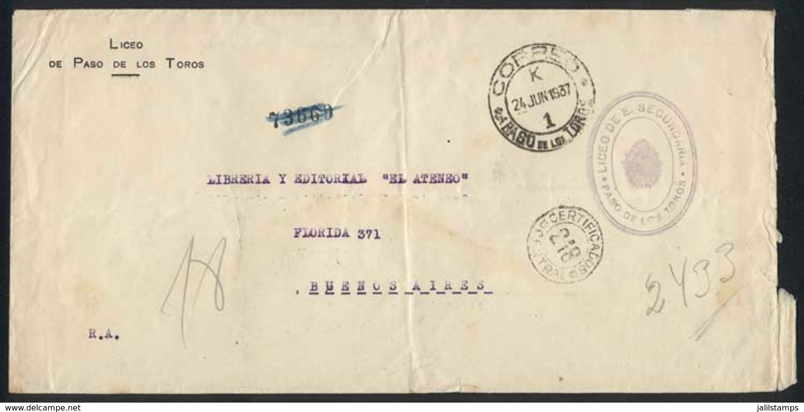 URUGUAY: Cover Sent From Paso De Los Toros To Buenos Aires On 24/JUN/1937, Stampless, Bearing Good Postal Markings On Fr - Uruguay