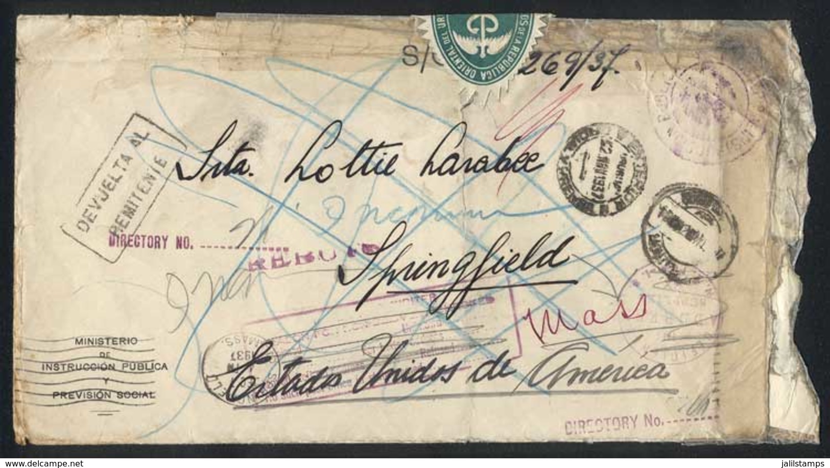 URUGUAY: Official Cover Sent Stampless To USA On 22/NO/1937, Datestamped "Exterior-Oficial Y Prensa", Returned To Sender - Uruguay