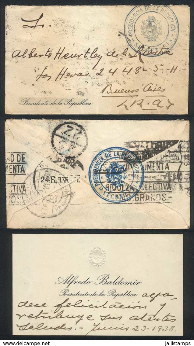 URUGUAY: Cover With Card Of President Alfredo Baldomir, Sent To Argentina On 23/JUN/1938, With Several Markings, Excelle - Uruguay