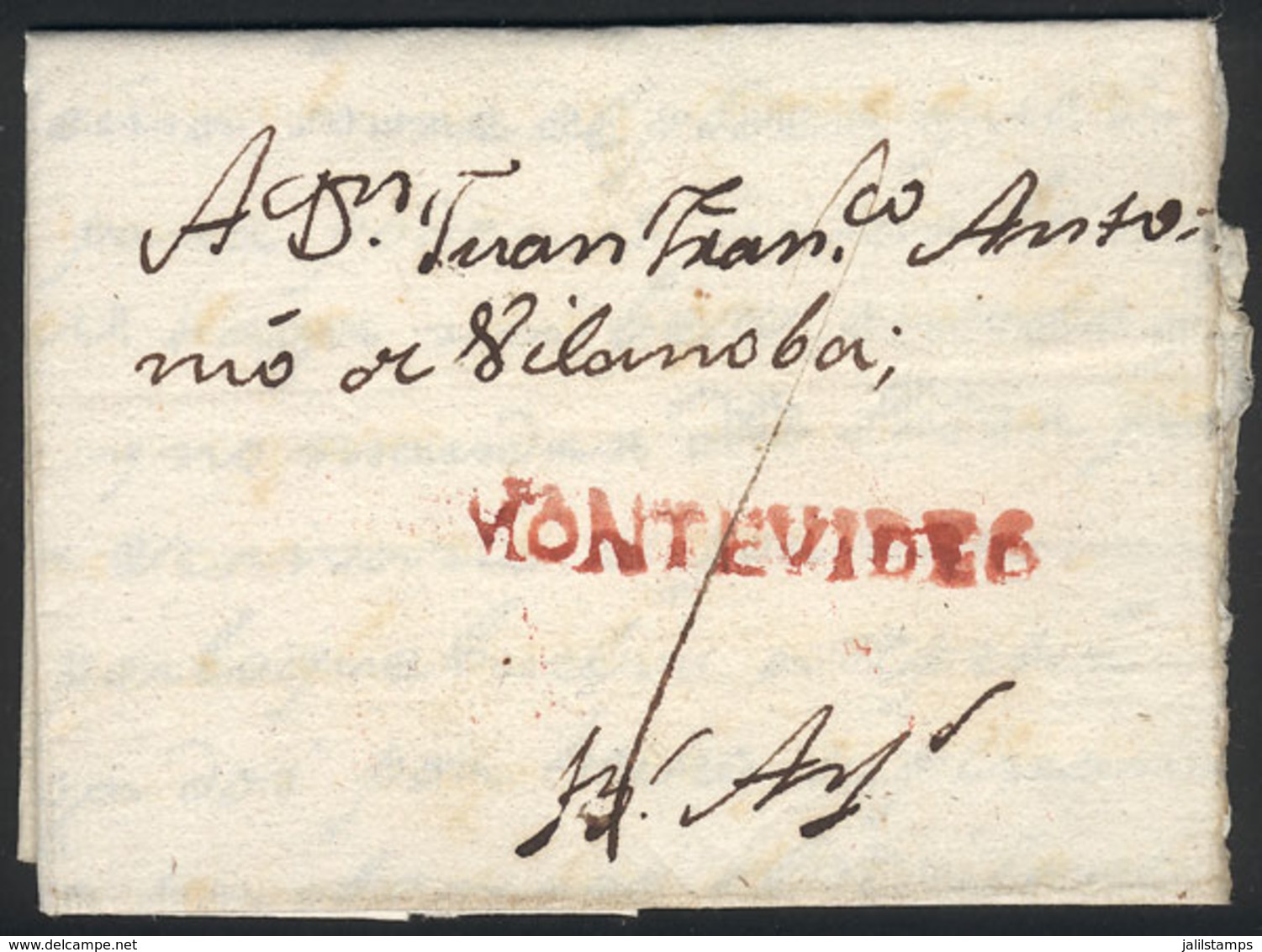 URUGUAY: Entire Letter Sent To Buenos Aires On 13/DE/1809, With Good Strike Of "MONTEVIDEO" In Carminish Red, And "1" Ra - Uruguay