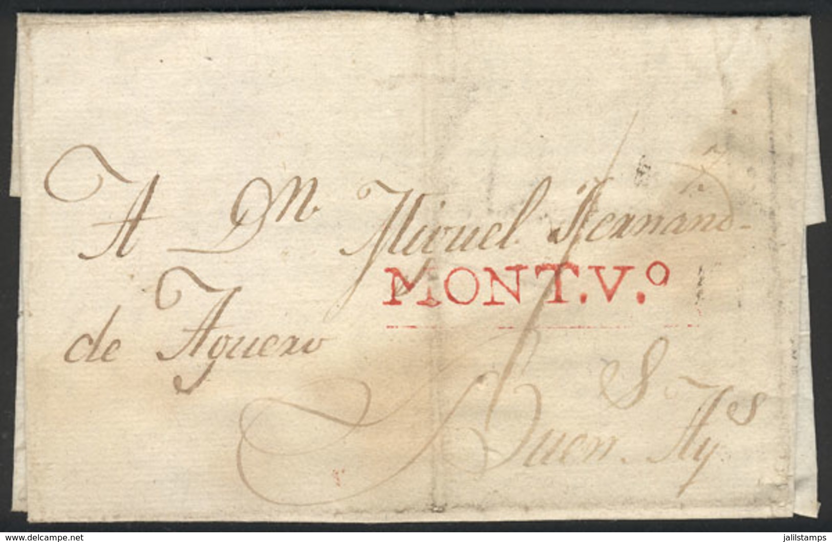 URUGUAY: Entire Letter Sent To Buenos Aires On 8/AU/1810, With "MONT.V.º" Very Well Applied In Red, And "1" Rating In Pe - Uruguay