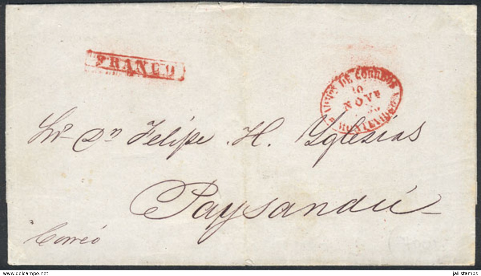 URUGUAY: Entire Letter Sent To Paysandú On 10/NO/1858, With Red "FRANCO"  And "ADMON. DE CORREOS DE MONTEVIDEO" Marks, V - Uruguay