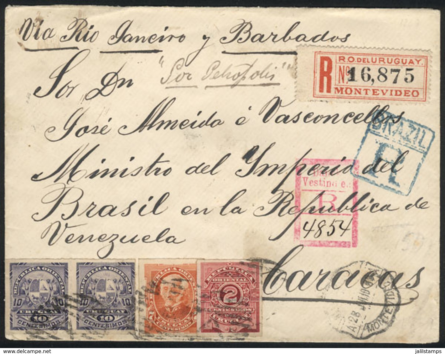 URUGUAY: Registered Cover Sent From Montevideo To Caracas On 28/JUL/1889 With Nice Postage Of 29c., With Transit Backsta - Uruguay