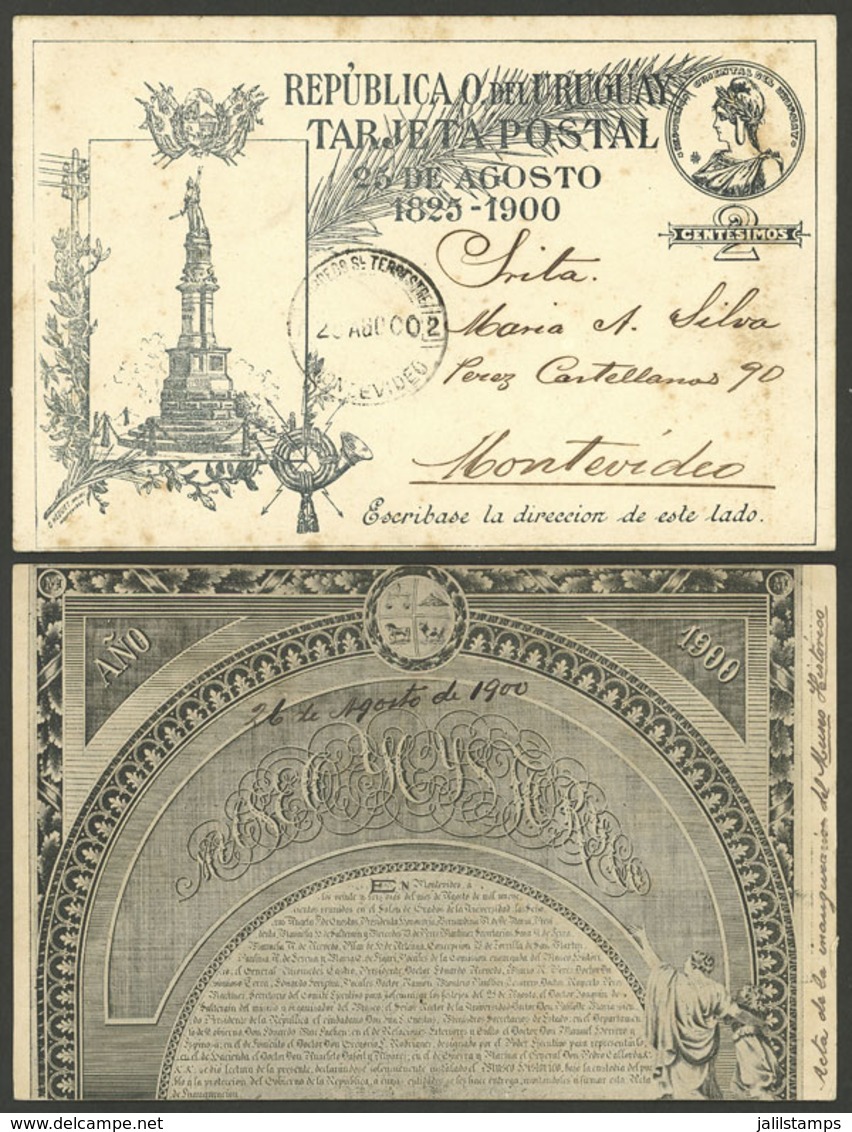 URUGUAY: Postal Card Illustrated On Back, Commemorating 25 August 1900, Used In Montevideo On The Following Day, VF Qual - Uruguay