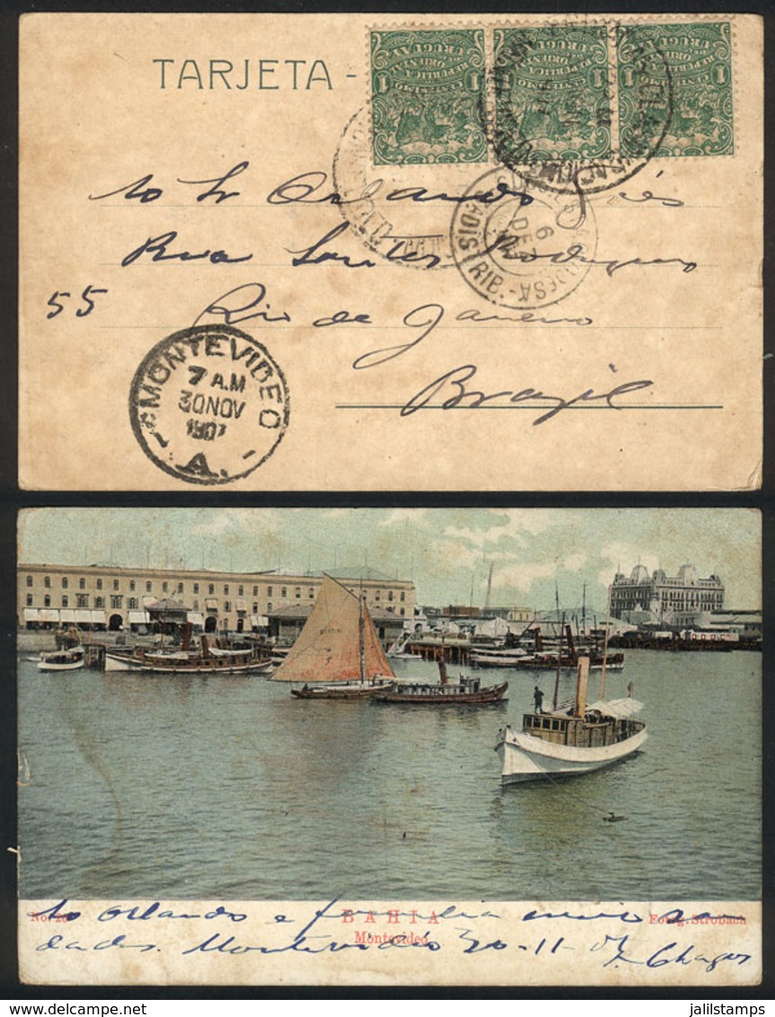 URUGUAY: Beautiful PC With View Of The Montevideo Bay, Sent To Rio De Janeiro On 30/NO/1907 Franked With 3c., VF! - Uruguay