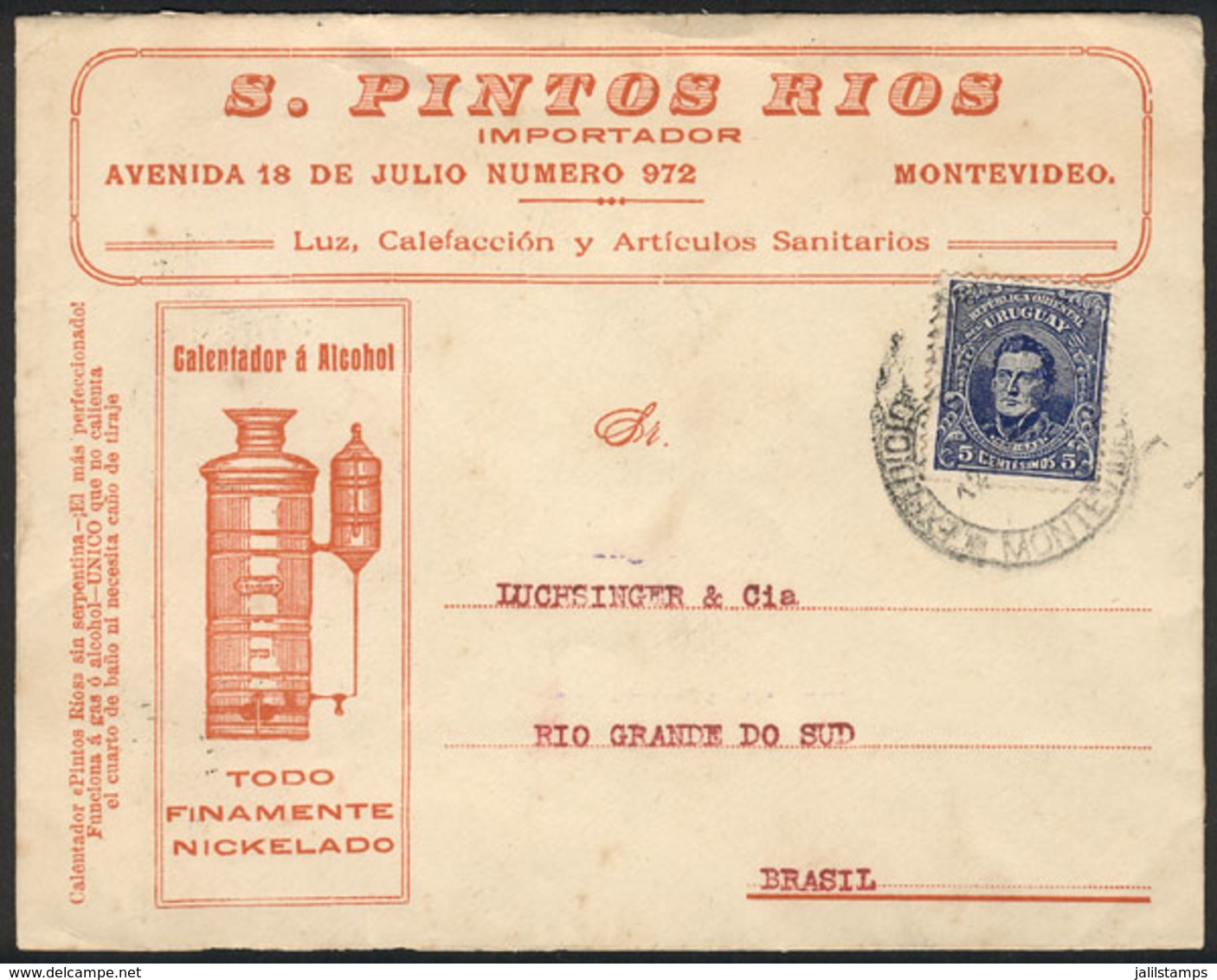 URUGUAY: Advertising Cover (ALCOHOL HEATER) Sent From Montevideo To Brazil On 12/DE/1916, Excellent Quality! - Uruguay