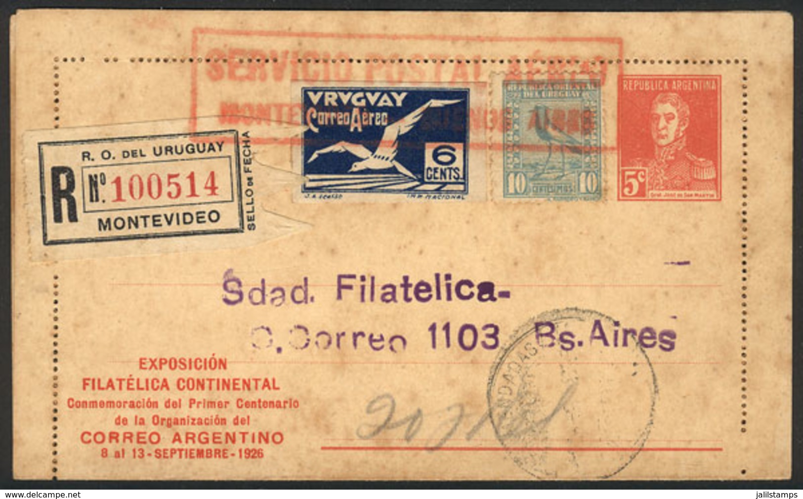 URUGUAY: Argentine Postal Stationery With Uruguayan Postage, Sent By FIRST FLIGHT To Buenos Aires On 4/JUN/1926, VF, Rar - Uruguay