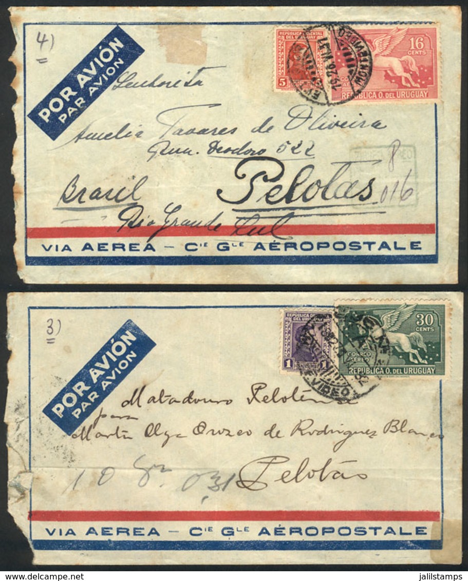 URUGUAY: 2 Airmail Covers Sent To Pelotas (Brazil) In 1931 And 1932 With Nice Postages Of 21c. And 31c. Respectively! - Uruguay