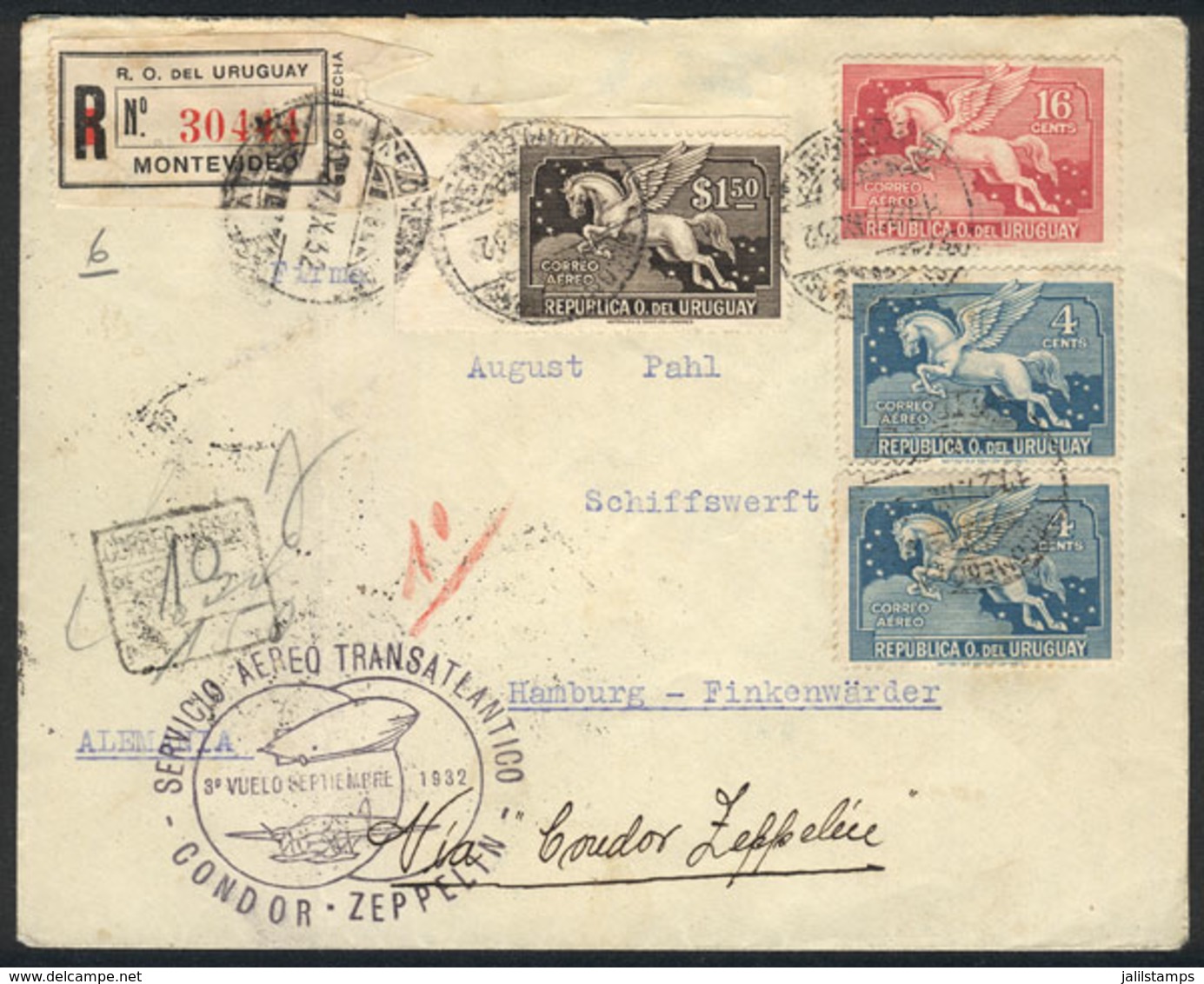 URUGUAY: Registered Cover Franked With $1.74, Sent From Montevideo To Germany On 27/SE/1932, With Special Handstamp Of Z - Uruguay