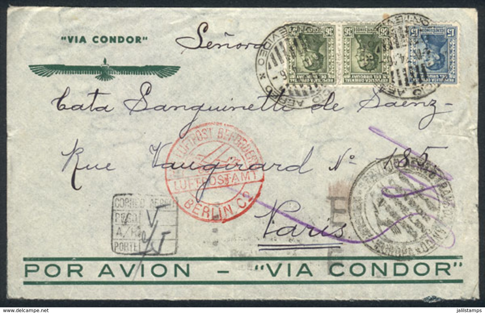 URUGUAY: Cover Franked With 87c., Sent From Montevideo To France On 4/SE/1934, With Special Handstamp Of The Flight And  - Uruguay