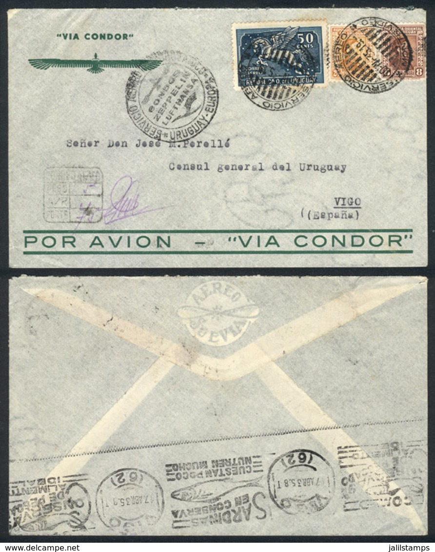 URUGUAY: Cover Franked With 80c., Sent From Montevideo To Spain On 10/AP/1935, With Special Handstamp Of The Flight And  - Uruguay