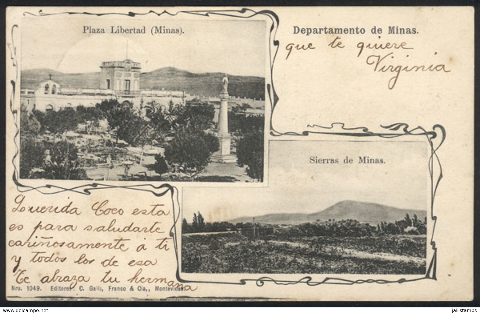 URUGUAY: MINAS: Libertad Square And Hills, Ed. Galli Franco & Cia, Used On 24/SE/1906, VF! - Uruguay