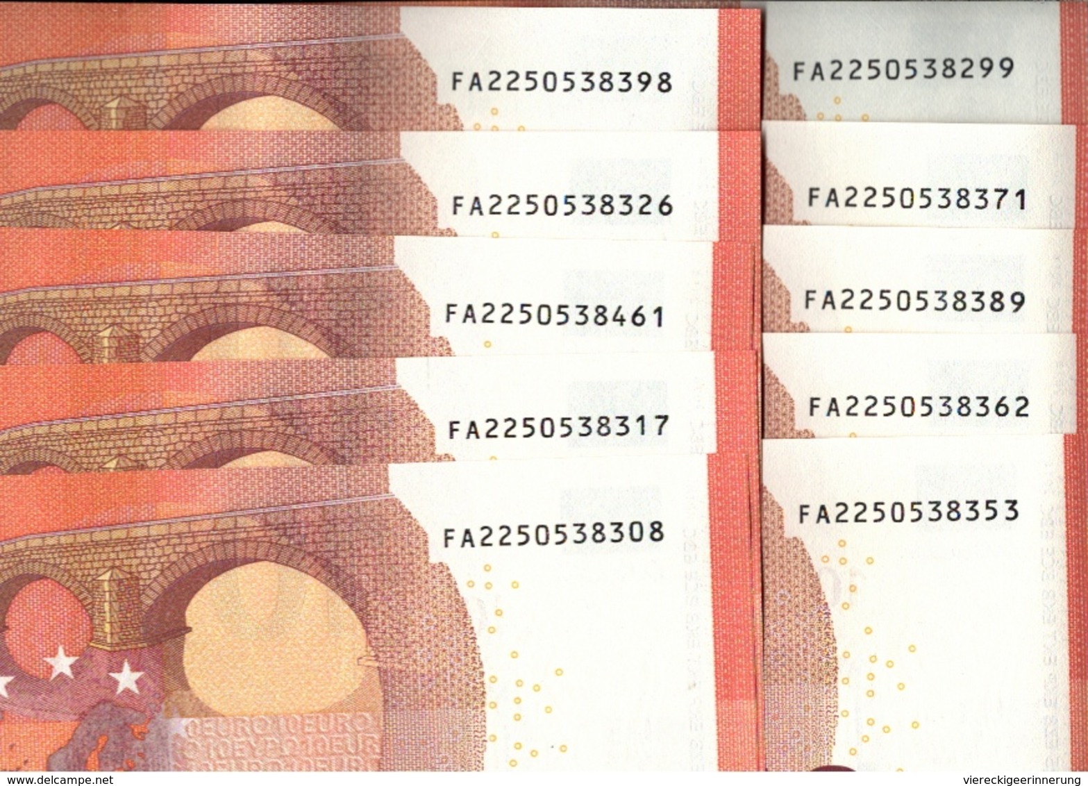 ! 10 X 10 Euro Banknotes All F002G1, Geldscheine, Banknotes FA, Mario Draghi, EZB, ECB, Europäische Zentralbank - 10 Euro