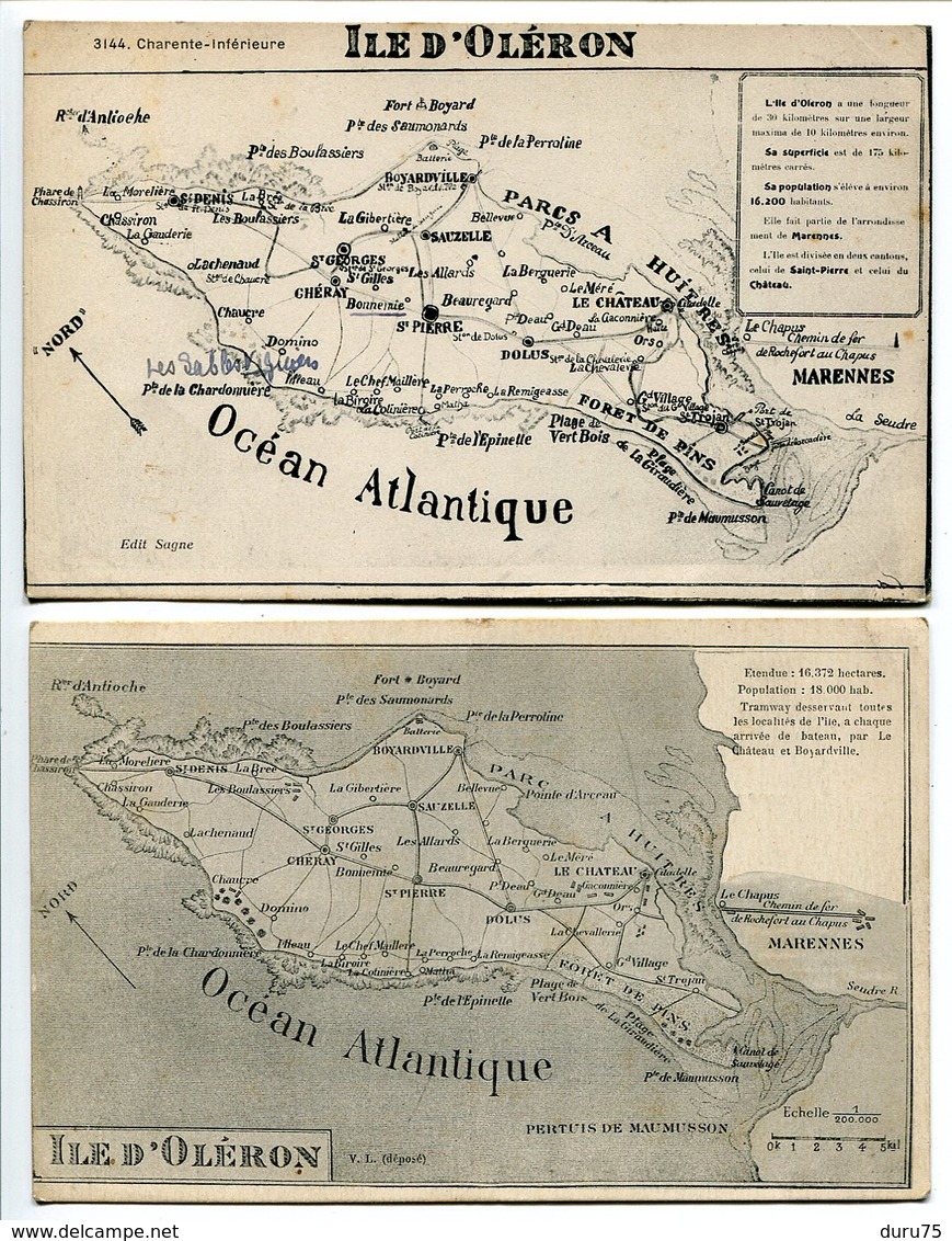 LOT 2 CPA  ILE D'OLÉRON * Cartes Géographiques Charente Inférieure Anciennes (2e Voyagé 1906) - Ile D'Oléron