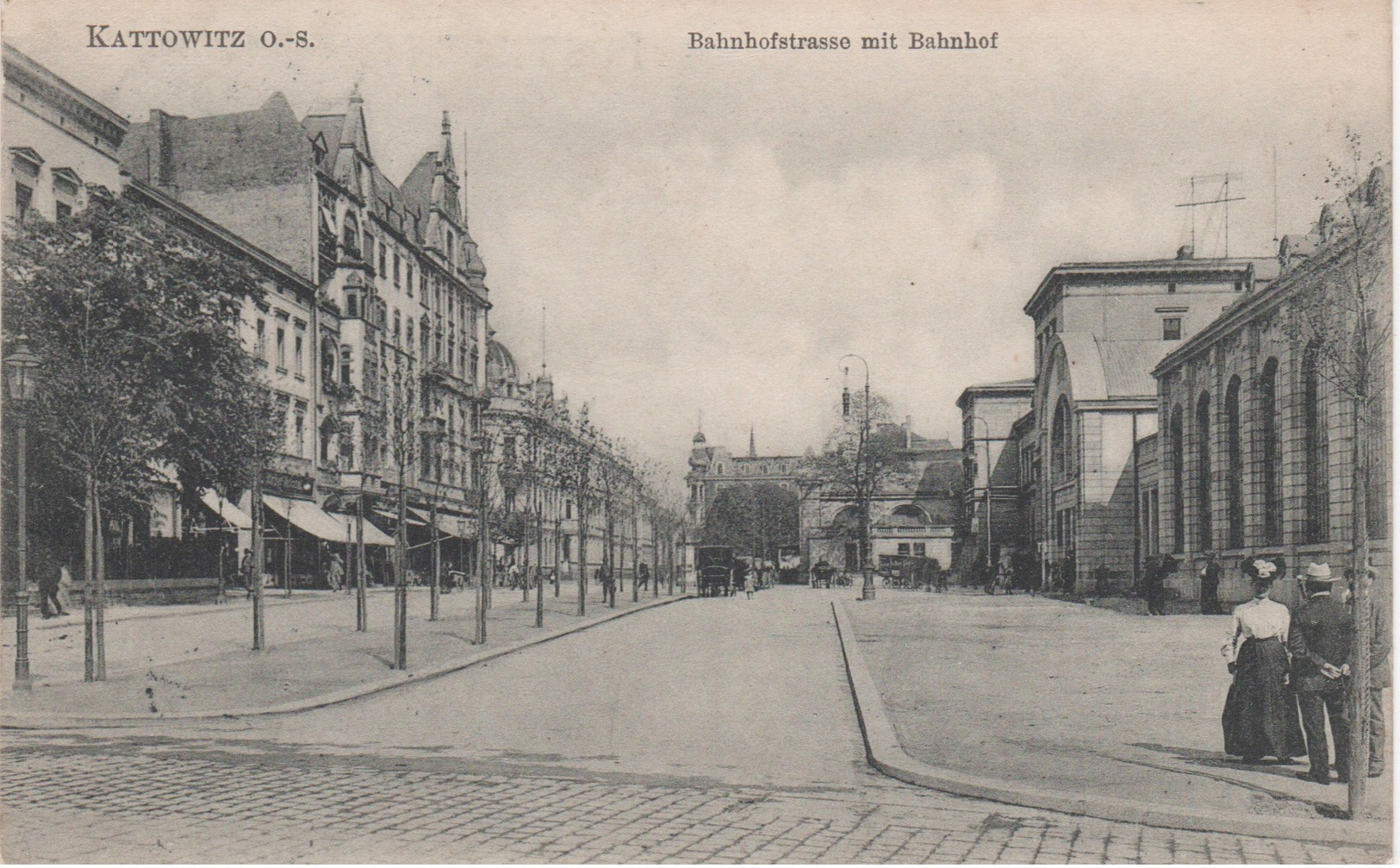 Alte Ansichtskarte Kattowitz (Katowice) / Bahnhofstrasse Mit Bahnhof, 1909 - Pologne