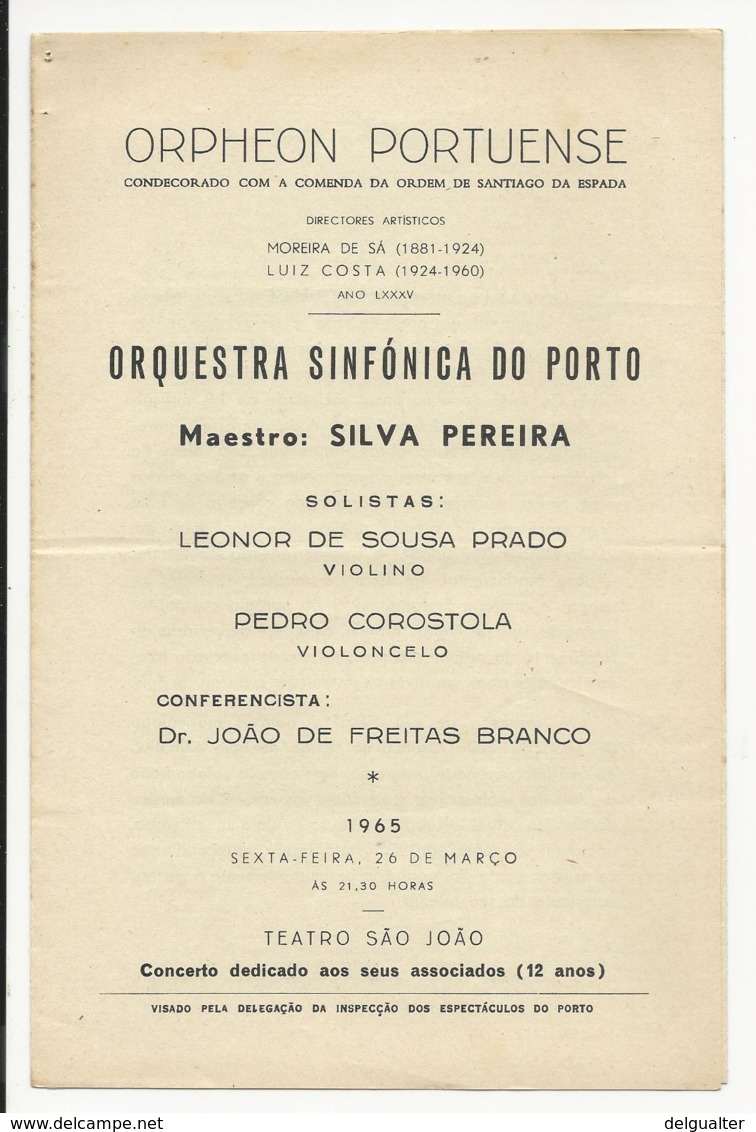 Program - Portugal - Orpheon Portuense - 26 Março 1965 - Orquestra Sinfónica Do Porto - Programmes