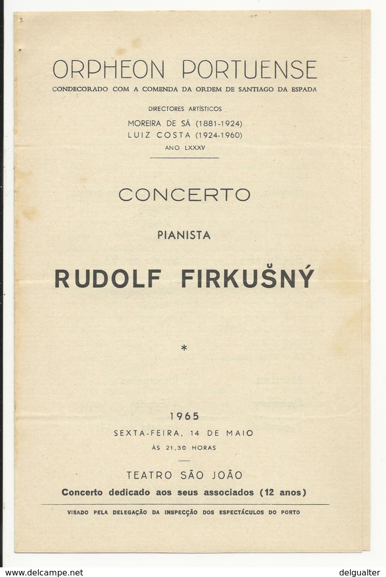 Program - Portugal - Orpheon Portuense - 14 Maio 1965 - Rudolf Firkusný - Programma's